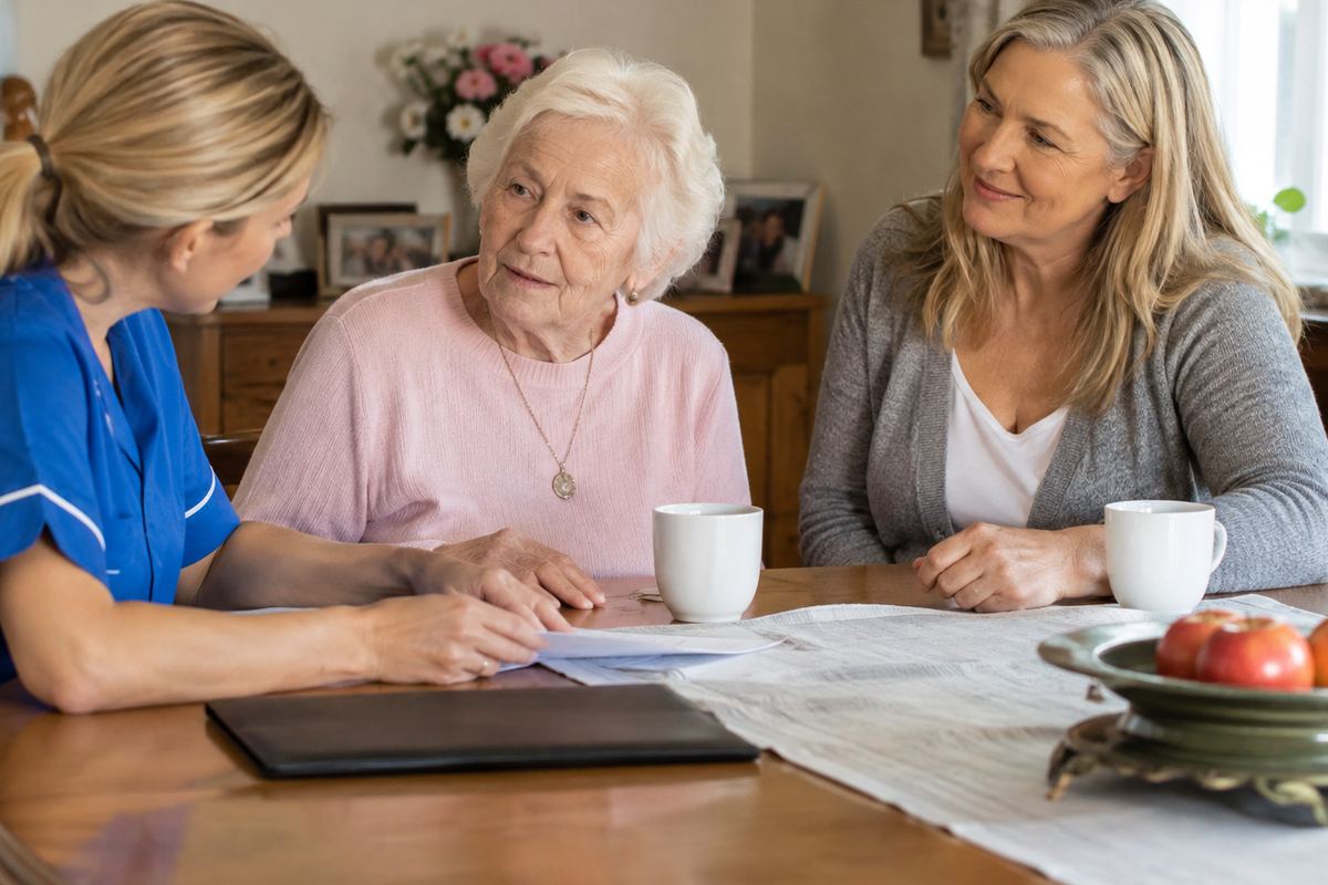 Daughter, caregiver, and older mother reviewing a home care plan at a table in Maricopa County