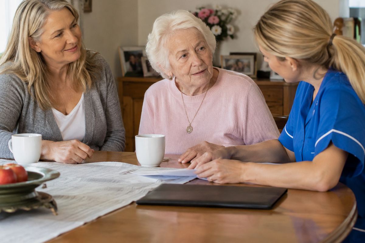 Daughter, caregiver, and older mother reviewing a care plan at a table in Cibolo, Texas