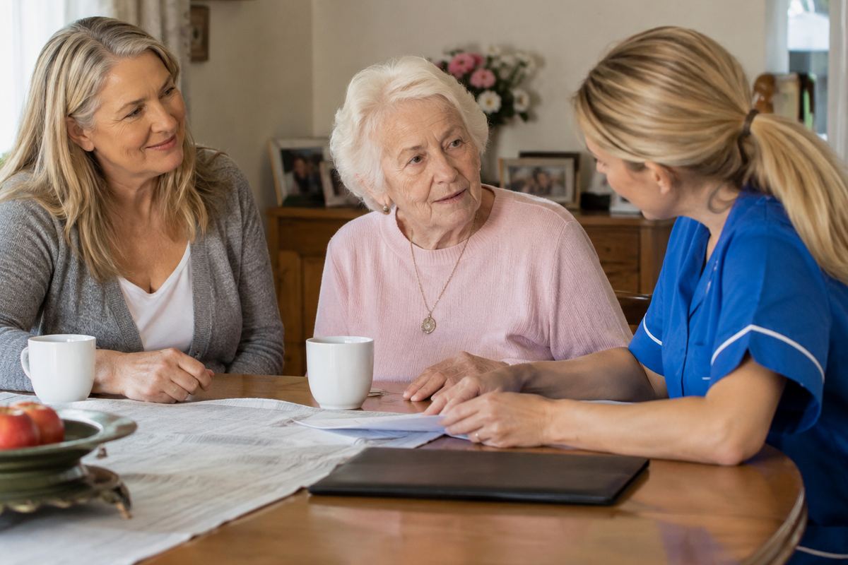 Daughter, caregiver, and older mother reviewing a care plan at a table in Converse, Texas