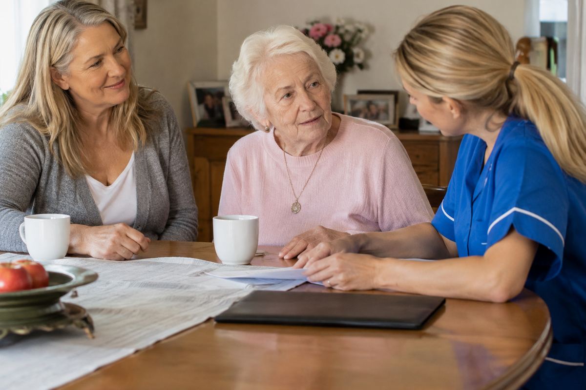 Daughter, caregiver, and older mother reviewing a care plan at a table in Covina, California