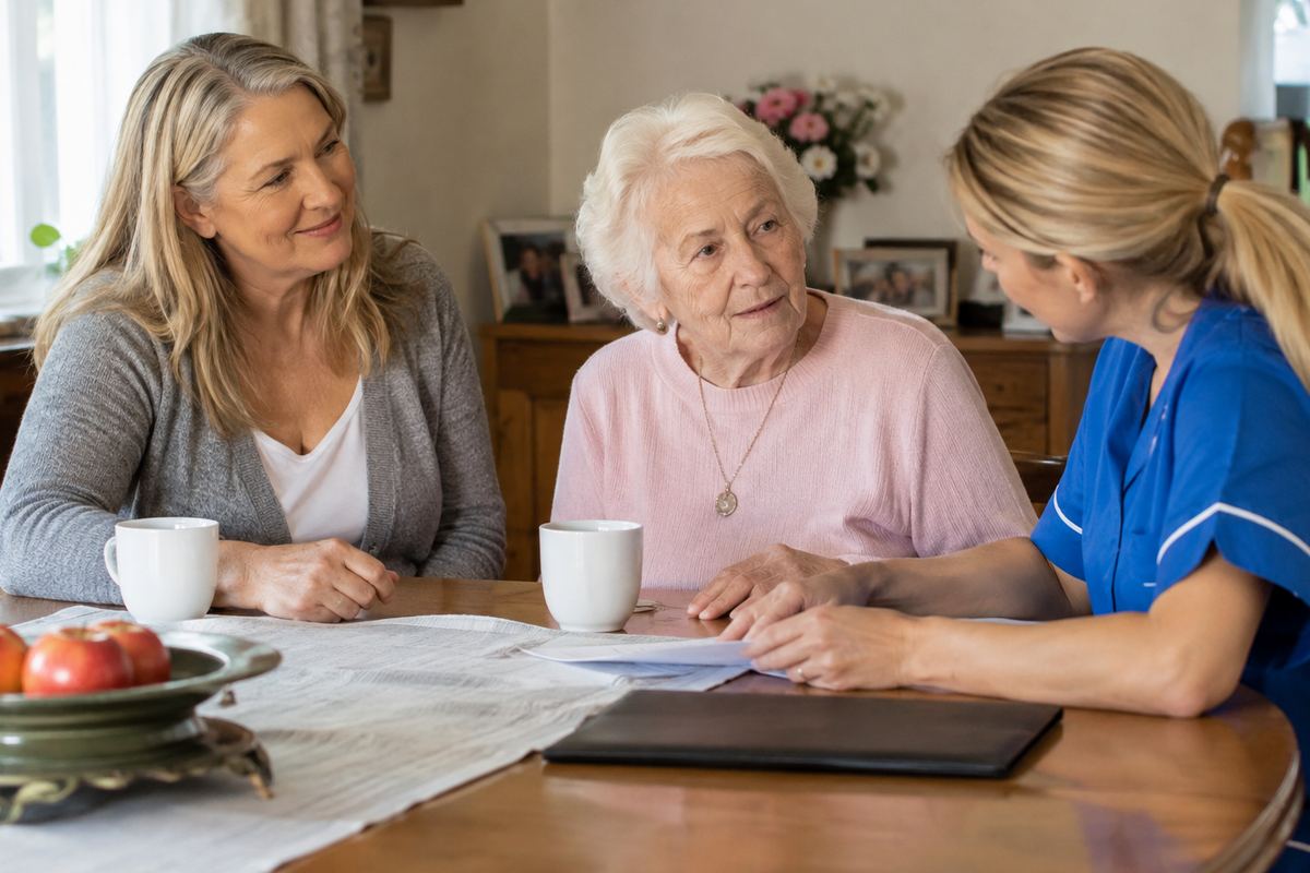 Daughter, caregiver, and older mother reviewing a care plan at a table, home care in Cypress