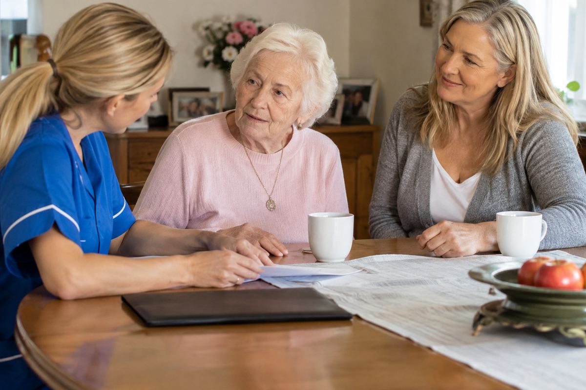 Daughter, caregiver and older mother reviewing a care plan, senior home care Eden Prairie MN