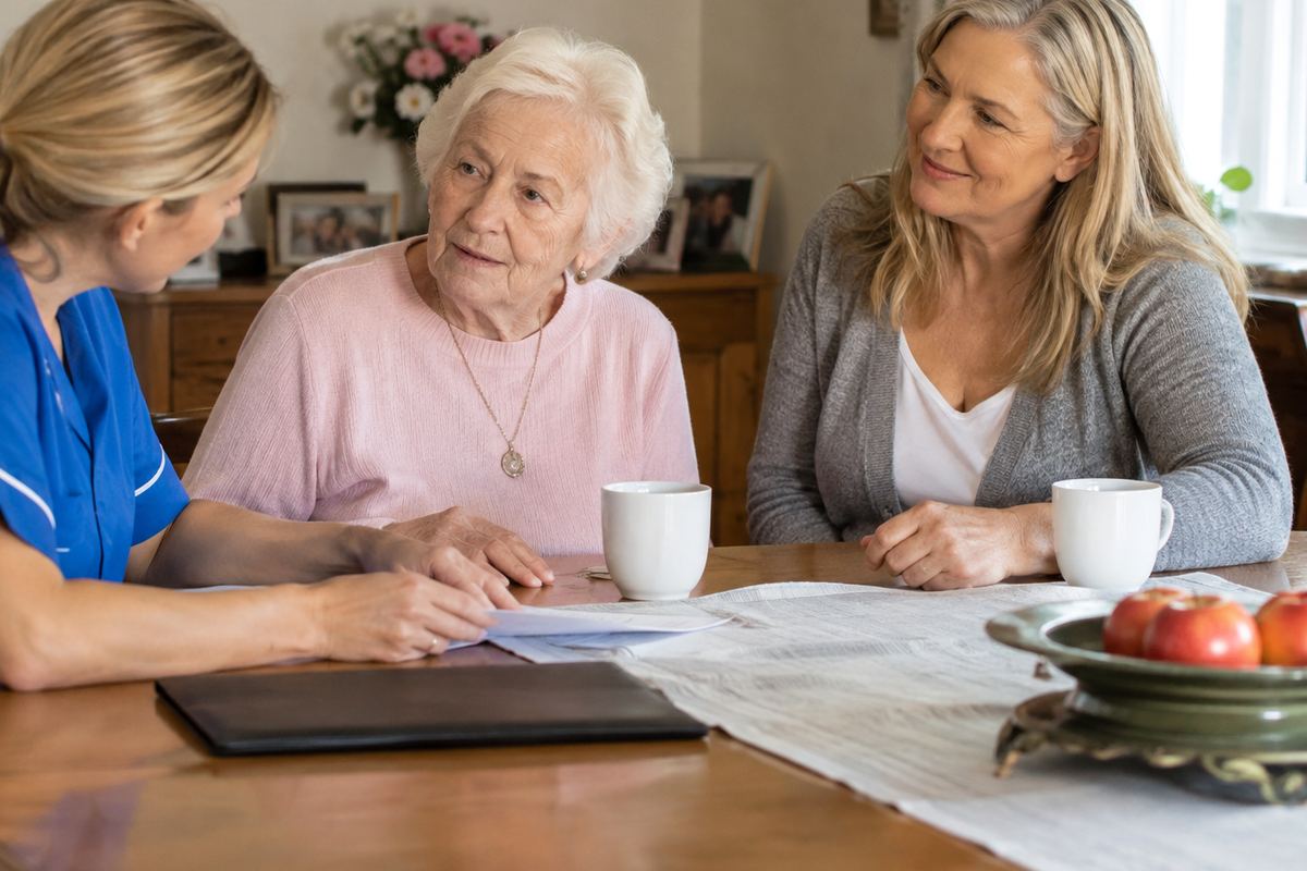Daughter, caregiver, and older mother reviewing a care plan at a table in El Segundo, California