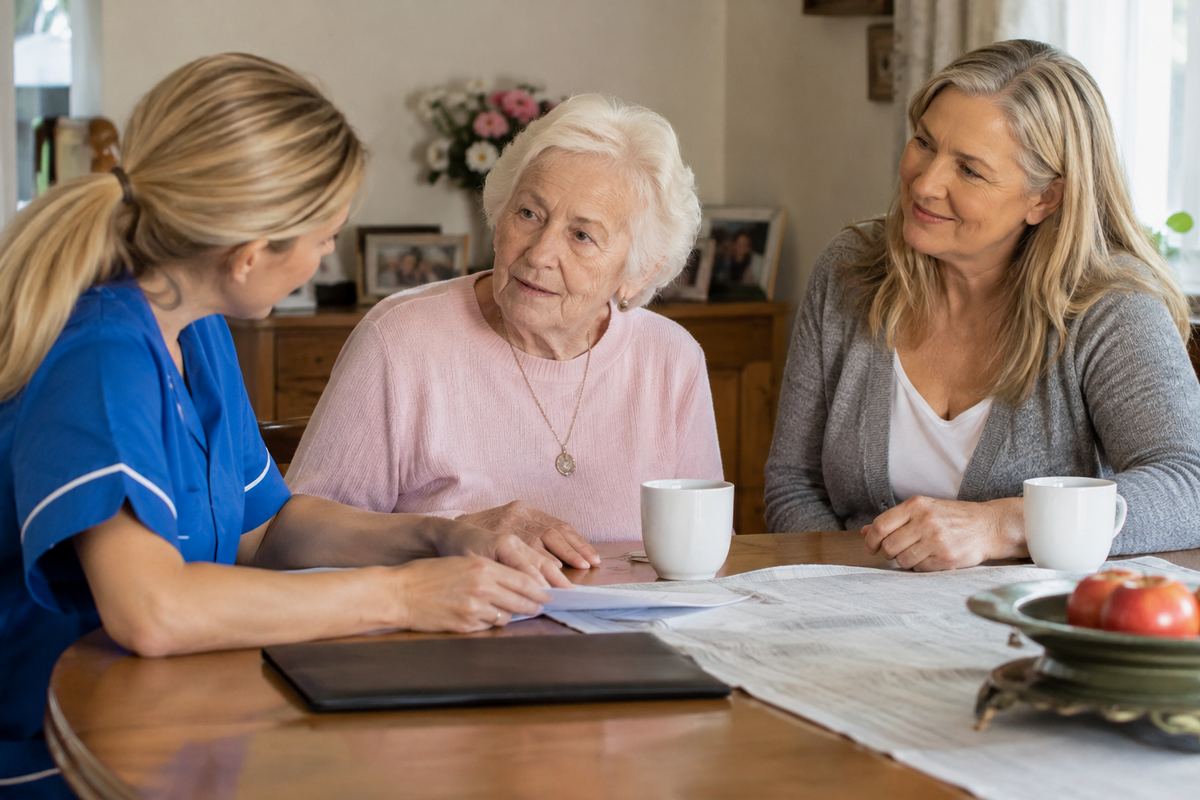 Daughter, caregiver, and older mother reviewing a care plan at a table, discussing in-home care in Floresville