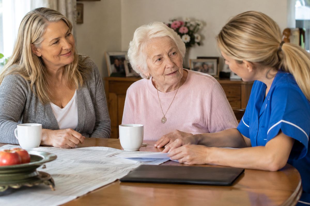 Daughter, caregiver and older mother reviewing a care plan at a table in Gardena, California