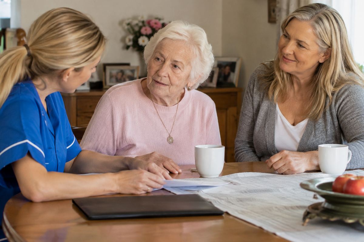 Daughter, caregiver and older mother reviewing a care plan, Maricopa County caregivers