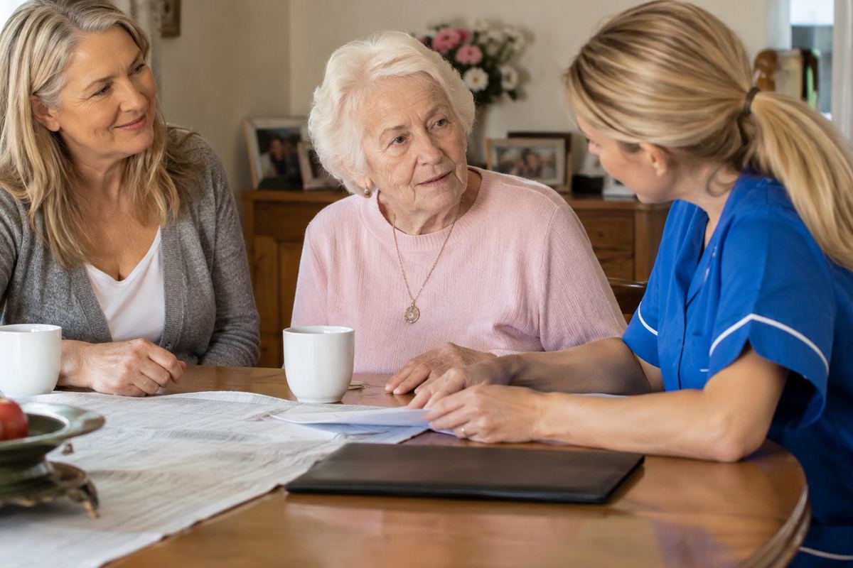 Daughter, caregiver and older mother reviewing a care plan at a table in Harbor City, CA
