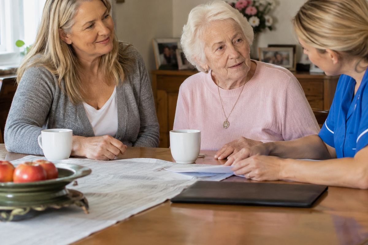 Daughter, caregiver and older mother reviewing a care plan at a table, Los Angeles County caregivers