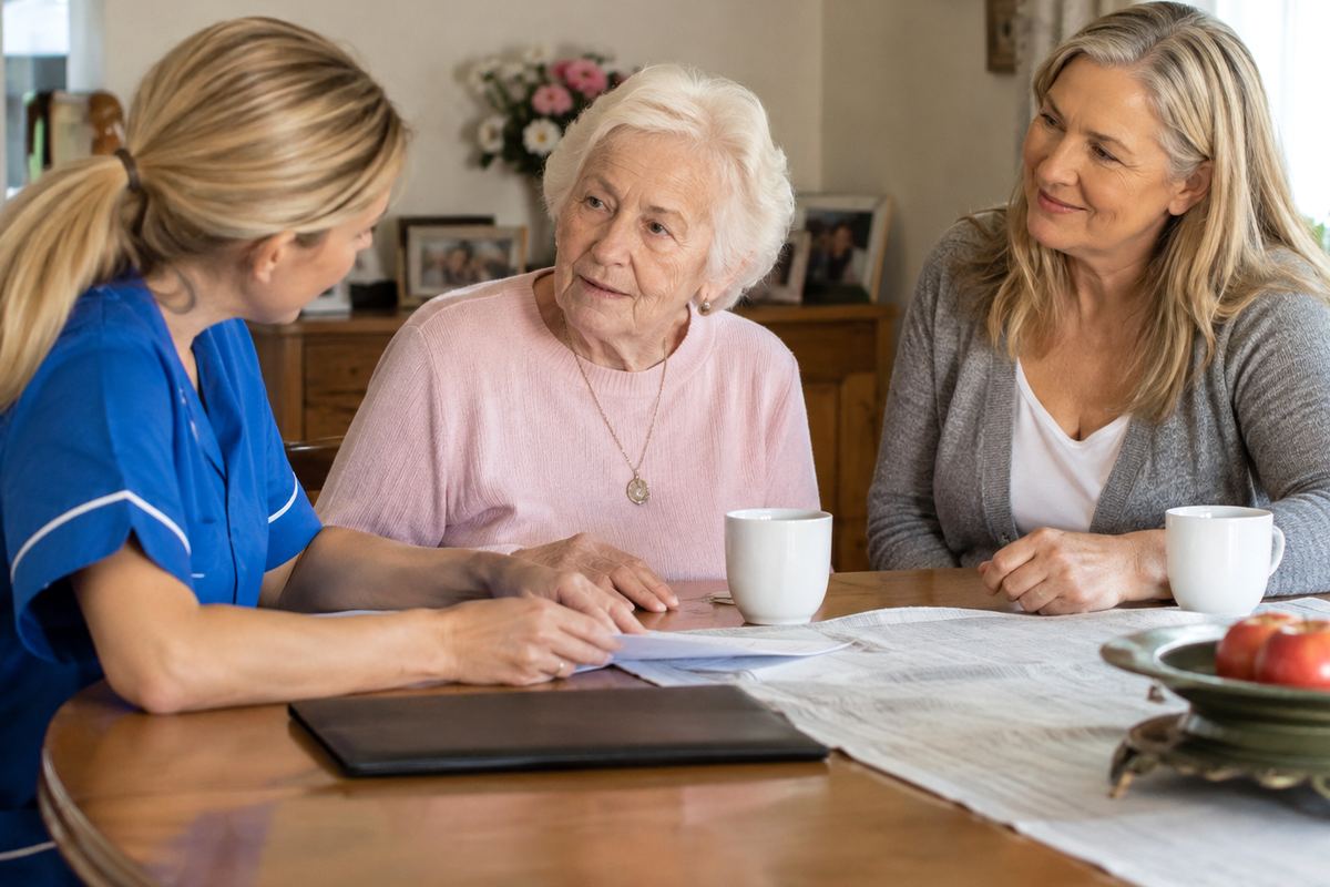 Daughter, caregiver and older mother reviewing a care plan at a table in Helotes, Texas