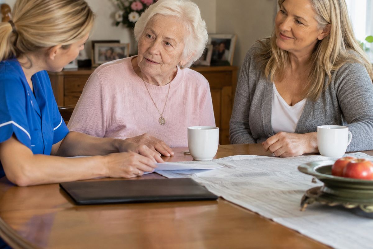 Daughter, caregiver, and older mother reviewing a care plan at a table in Los Angeles County