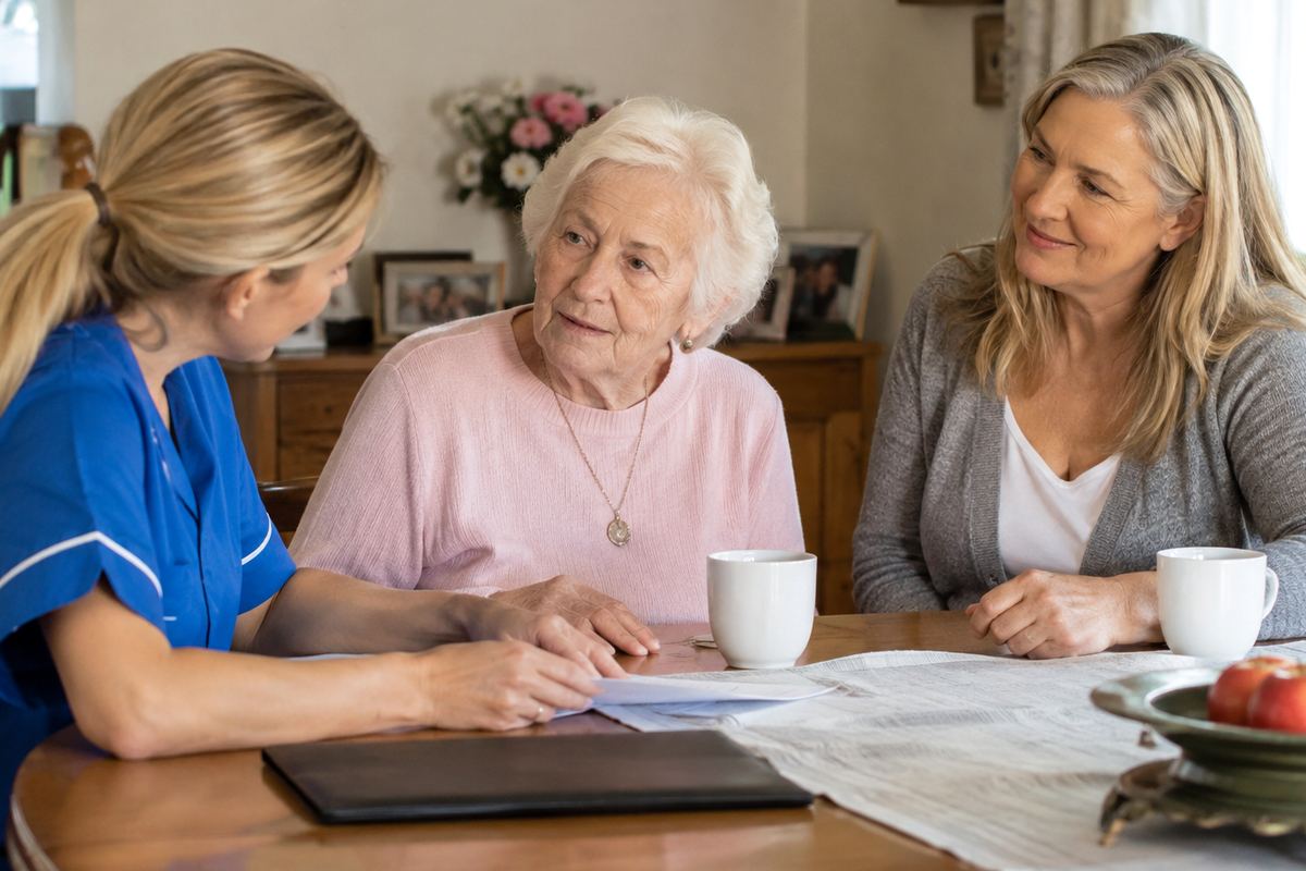 Daughter, caregiver, and older mother reviewing a care plan in Hennepin County