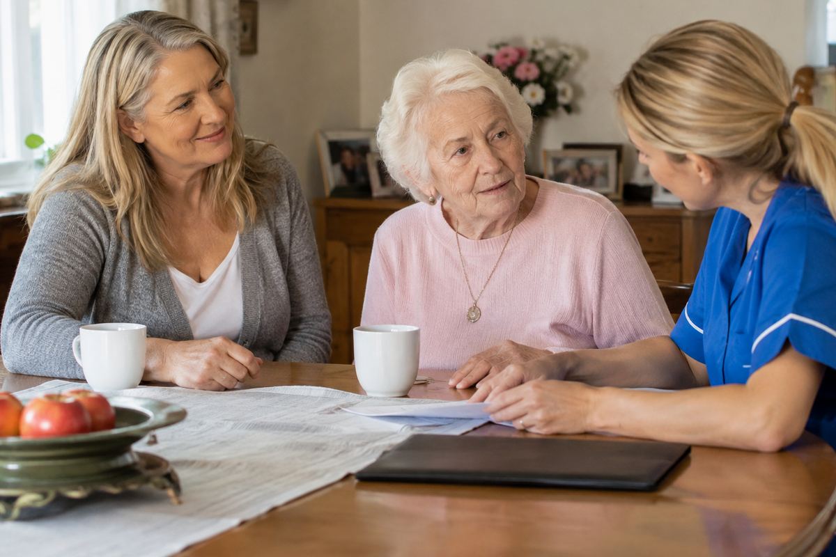 Daughter, caregiver, and older mother reviewing a care plan at a table, Harris County caregivers