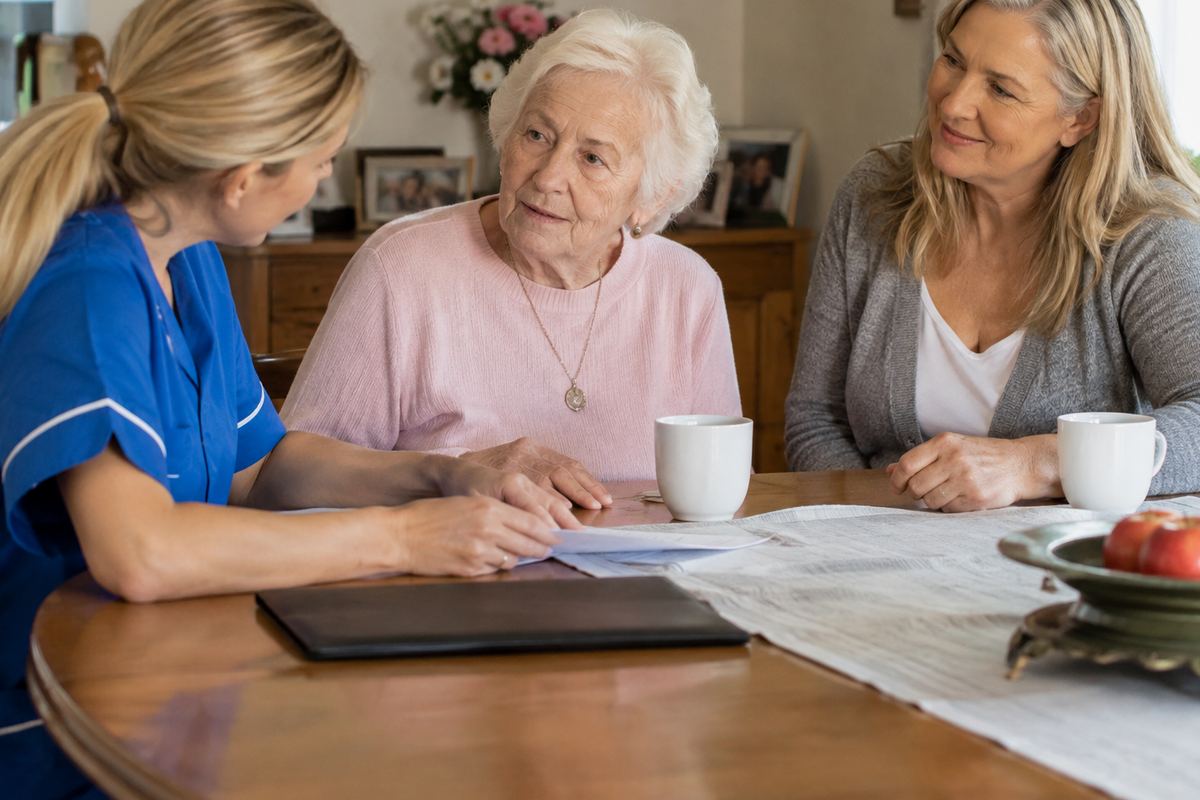 Daughter, caregiver, and older mother reviewing a care plan at a table, part of Harris County caregivers support