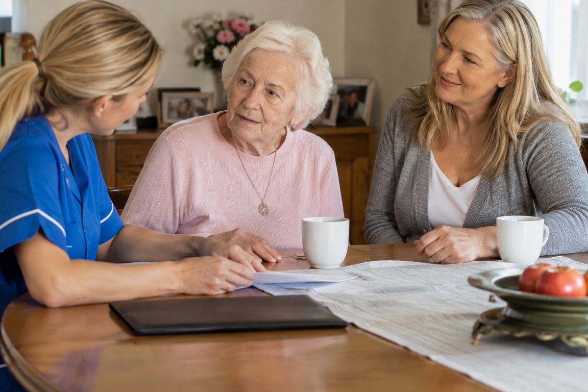 Daughter, caregiver, and older mother reviewing a care plan in Harris County, Texas