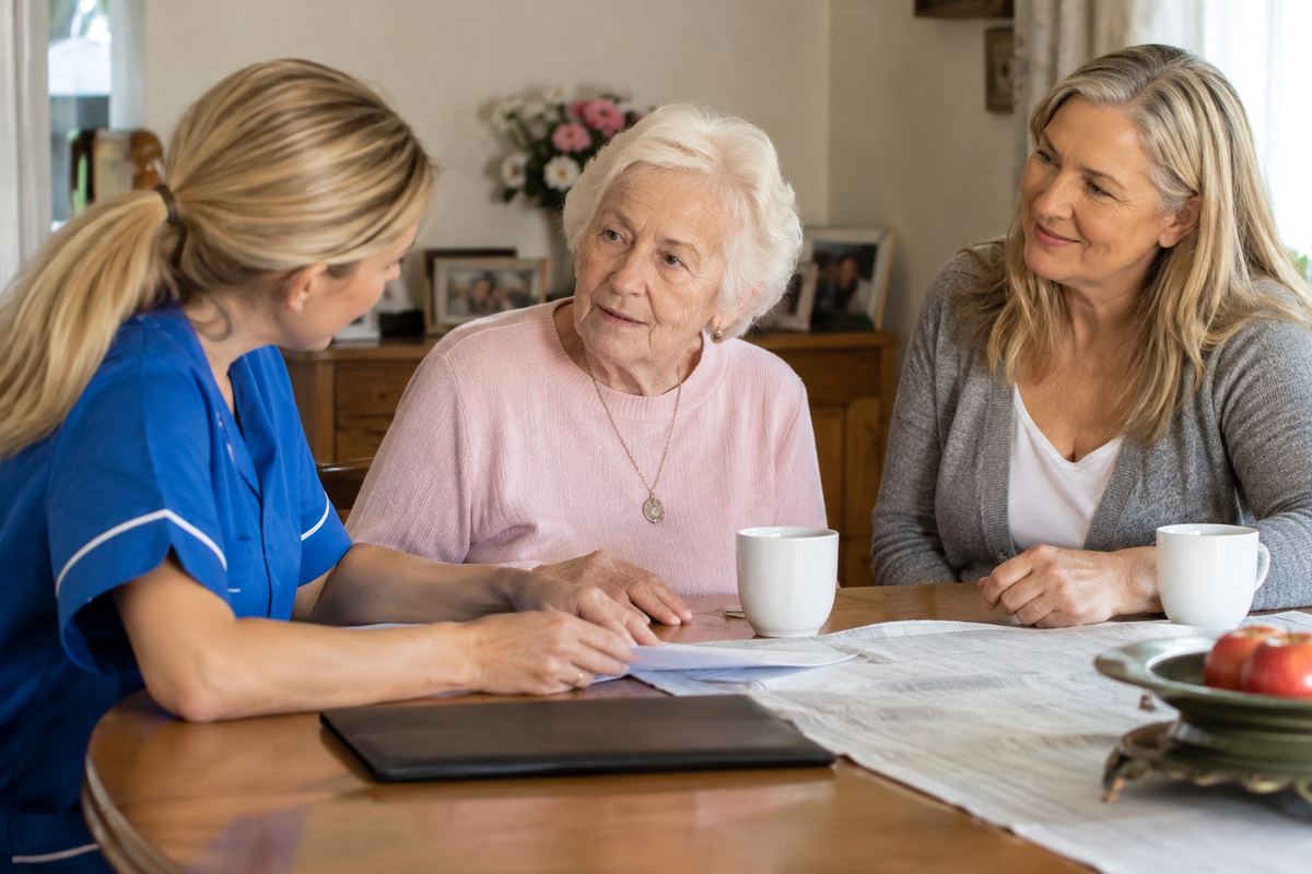 Daughter, caregiver, and older mother reviewing a senior home care Lawndale CA plan at a table