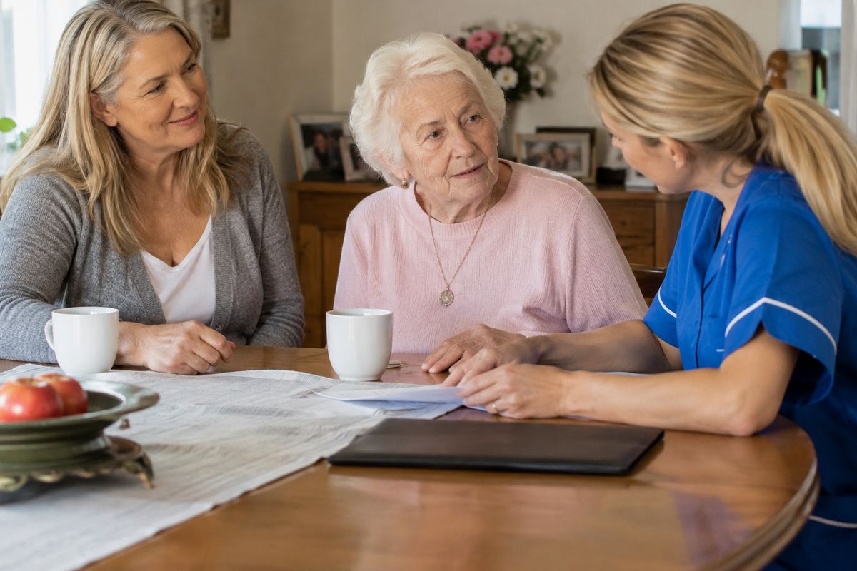 Daughter, caregiver, and older mother reviewing a senior care plan in Lomita, CA