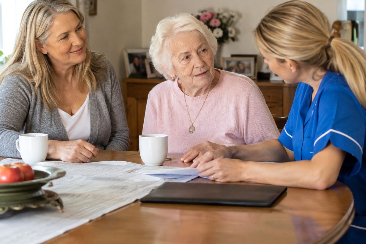 Daughter, caregiver, and older mother reviewing a senior home care Los Angeles CA plan at a table