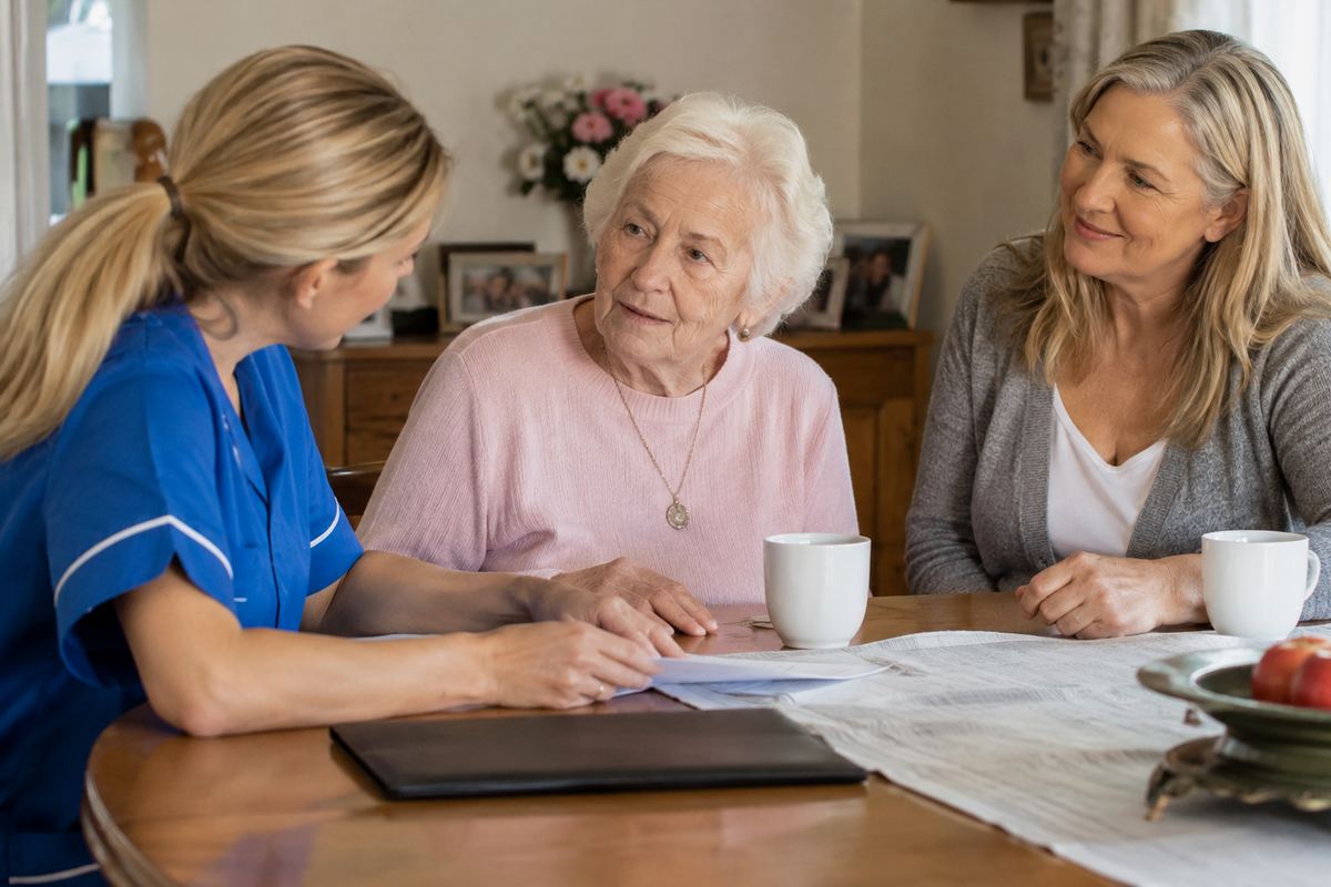 Daughter, caregiver, and older mother reviewing a care plan at a table, Los Angeles County caregivers