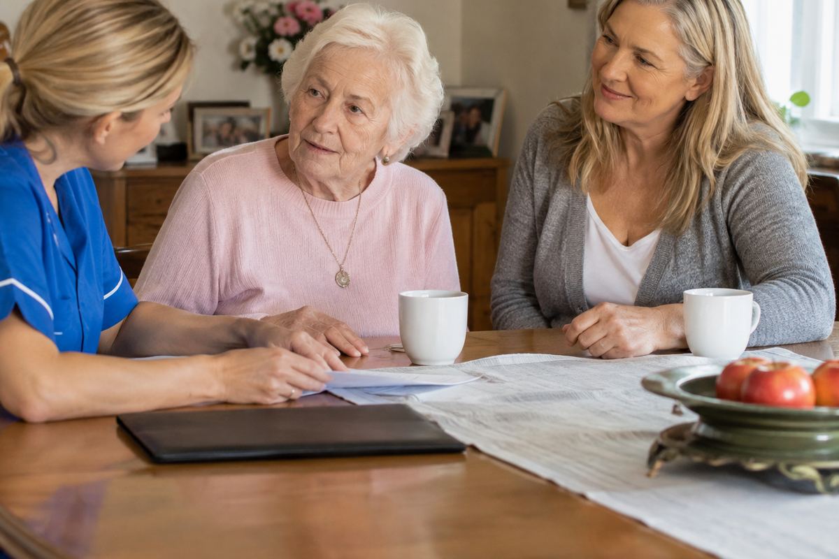 Daughter, caregiver, and older mother reviewing a care plan, Mesa senior home care