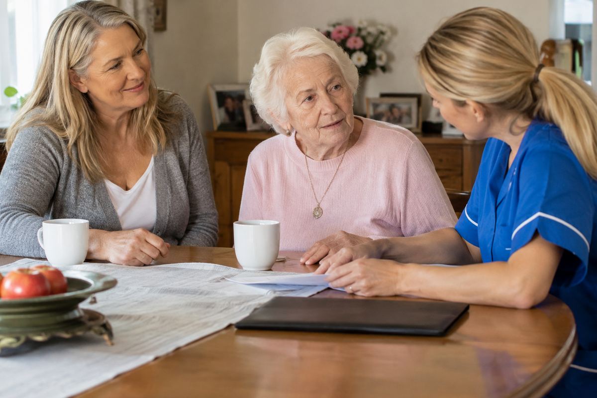 Daughter, caregiver and older mother reviewing a care plan, Hennepin County caregivers