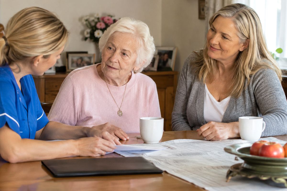 Daughter, caregiver, and older mother reviewing a care plan in Minnetonka, Minnesota