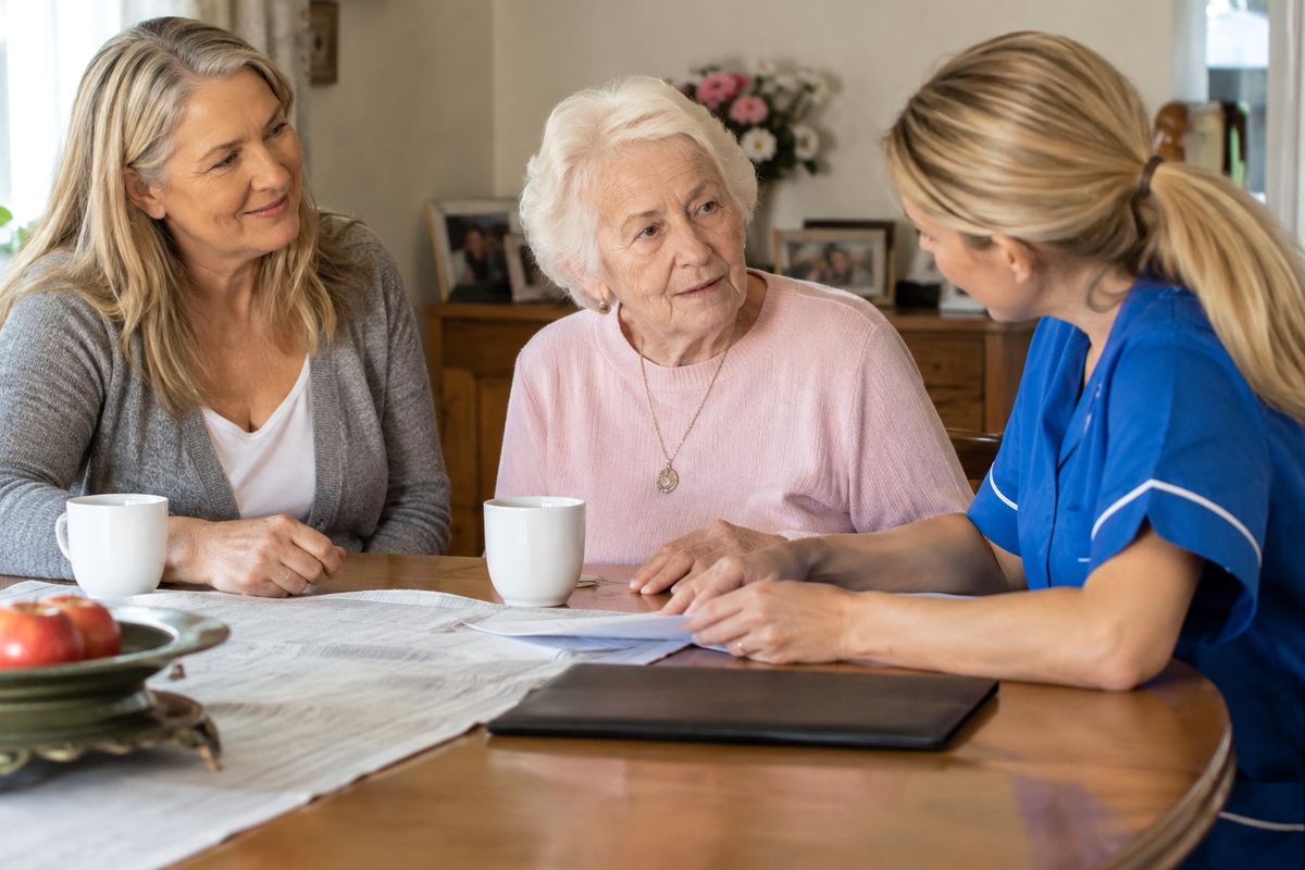 Daughter, caregiver, and older mother reviewing a care plan at a table, in-home care planning in Comal County