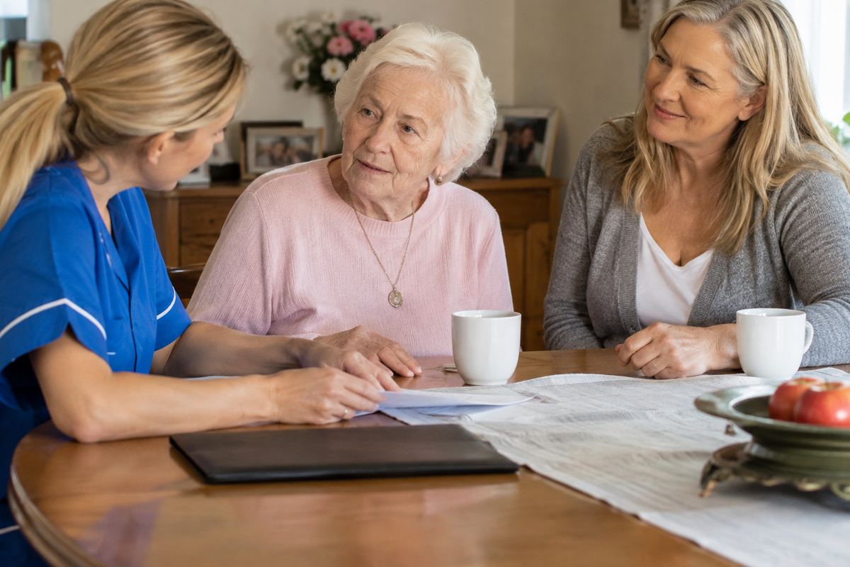 Daughter, caregiver and older mother reviewing a care plan, in-home care planning session in Pasadena