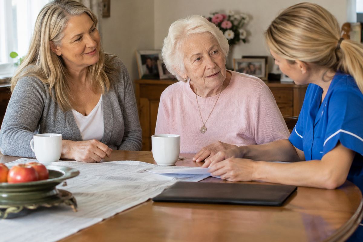 Daughter, caregiver and older mother reviewing a senior home care plan in the area