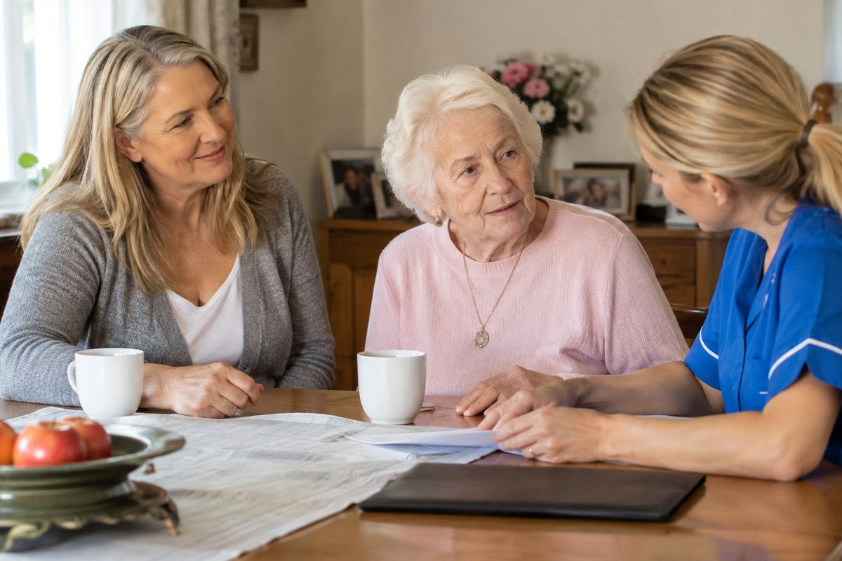 Daughter, caregiver, and older mother reviewing a home care plan at the table in Rancho Palos Verdes
