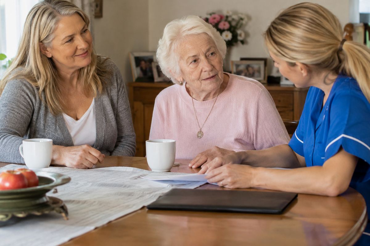 Daughter, caregiver, and older mother reviewing a care plan at a table in Los Angeles County