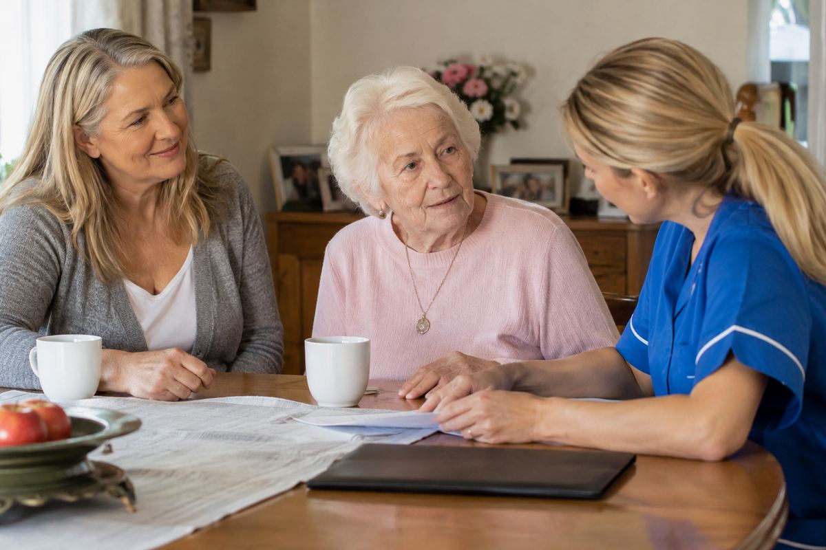 Daughter, caregiver, and older mother reviewing an in-home care plan locally in Minnesota
