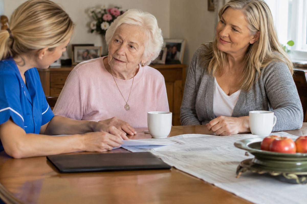 Daughter, caregiver, and older mother reviewing a care plan at a table, senior home care San Antonio TX