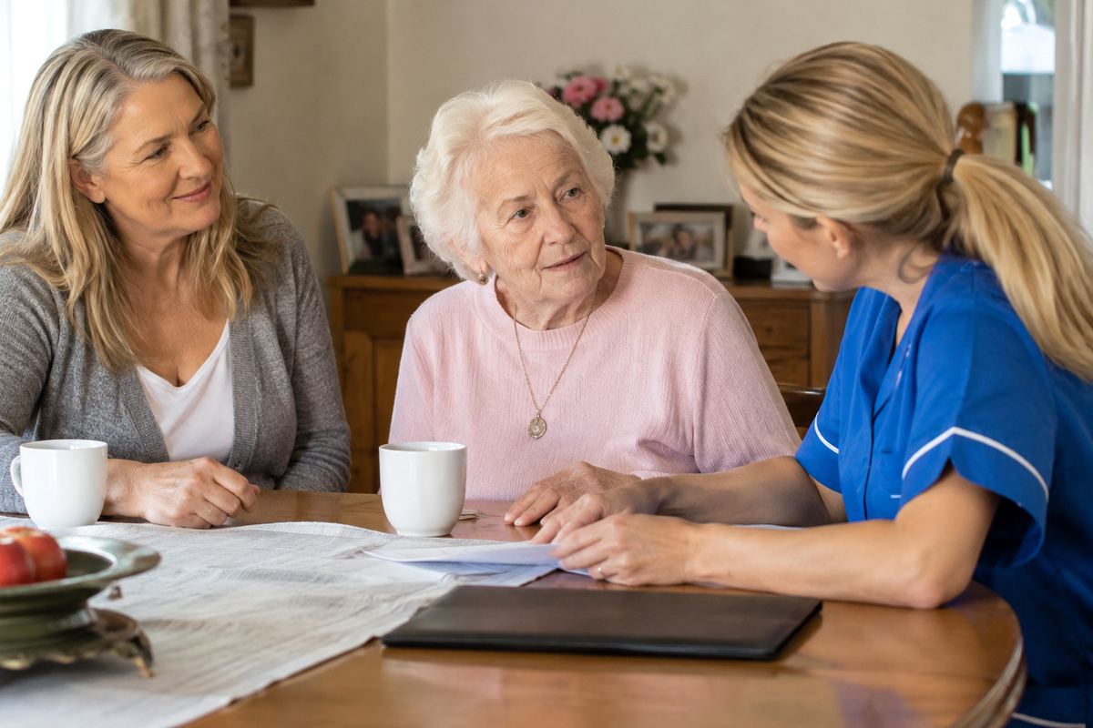 Daughter, caregiver and older mother reviewing a care plan with Los Angeles County caregivers