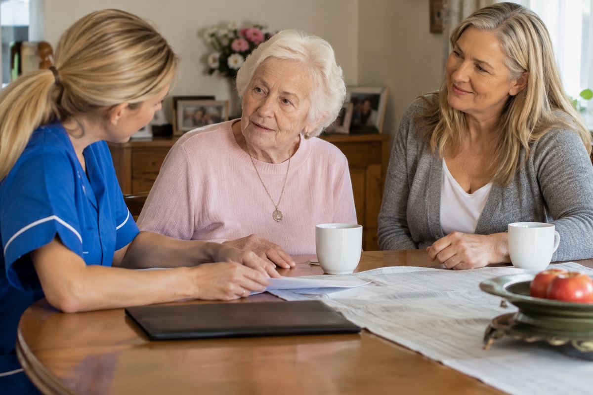 Daughter, caregiver and older mother reviewing a care plan, in-home support in Santa Monica