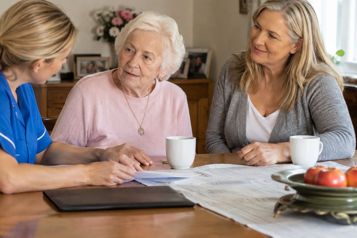 Daughter, caregiver and older mother reviewing a care plan at a table in Guadalupe County