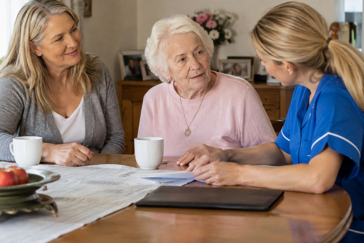Daughter, caregiver, and older mother reviewing a home care plan, Maricopa County caregivers meeting