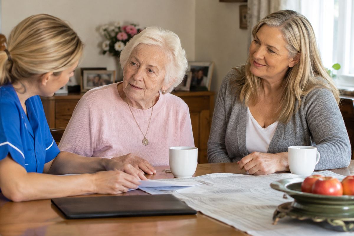 Daughter, caregiver, and older mother reviewing a care plan, senior home care Seguin TX