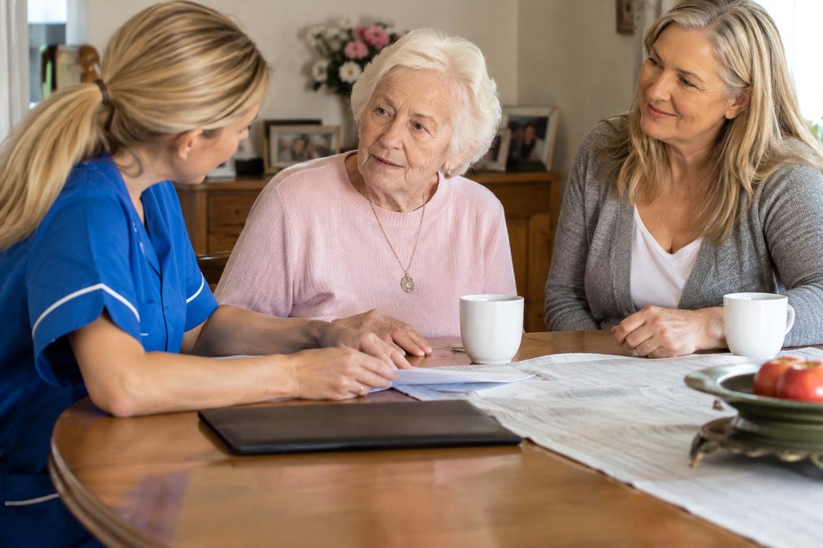Daughter, caregiver, and older mother reviewing a care plan in Comal County