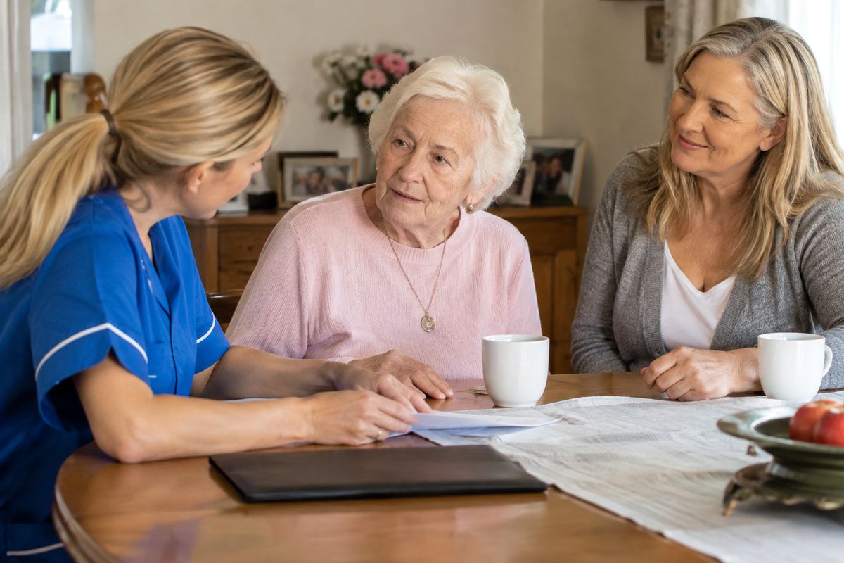 Daughter, caregiver, and older mother reviewing a care plan at a table in Harris County