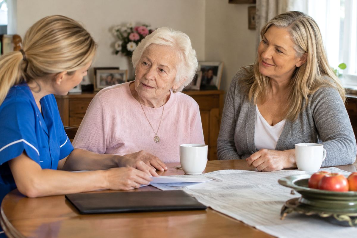 Daughter, caregiver, and older mother reviewing a care plan at a table, senior home care Tomball TX