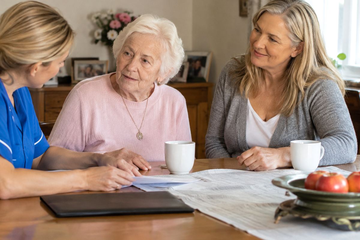 Daughter, caregiver, and older mother reviewing a care plan at a table in Los Angeles County