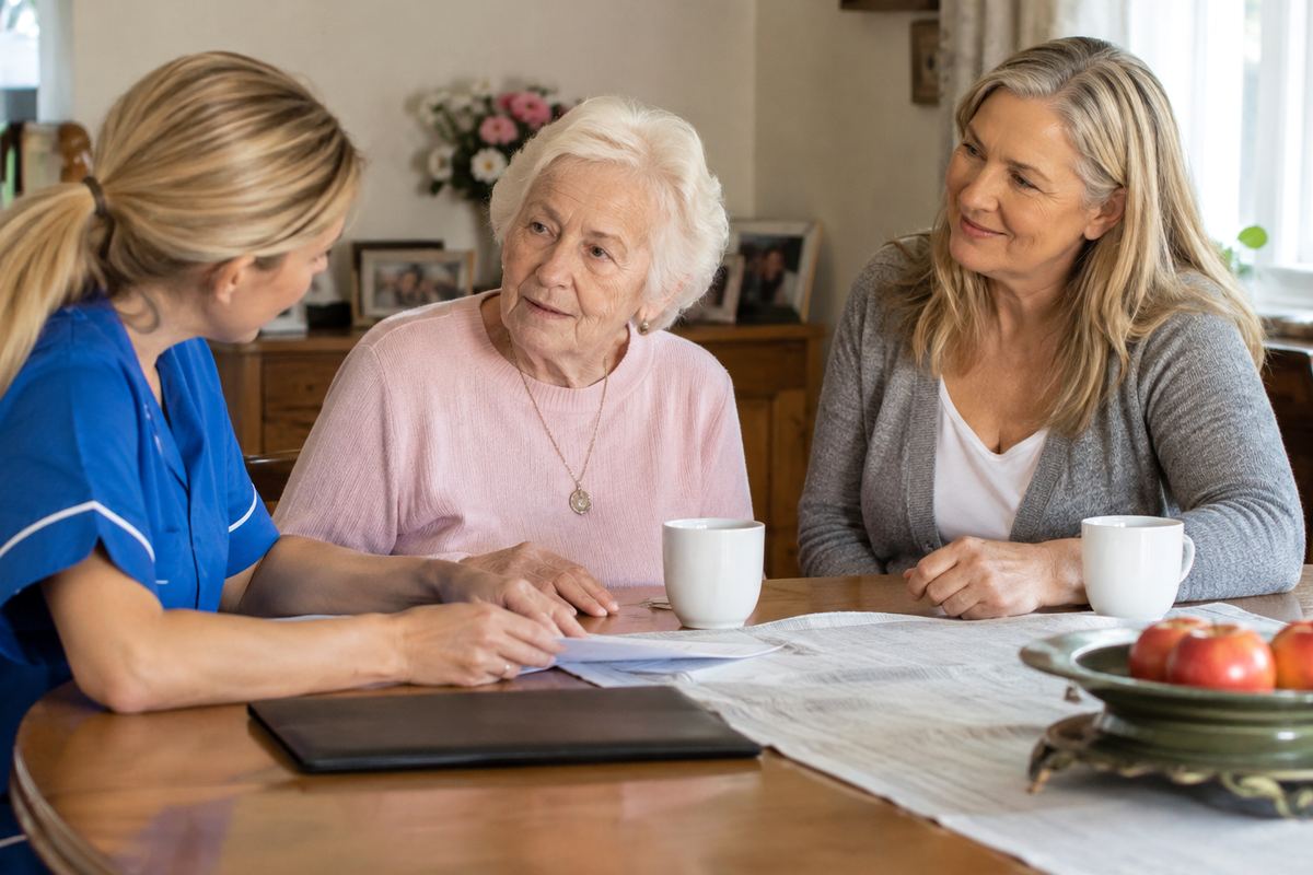 Daughter, caregiver, and older mother reviewing a care plan at a table in Whittier