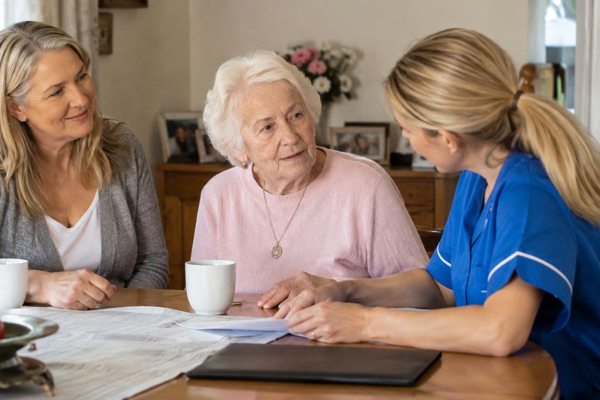 Daughter, caregiver and older mother reviewing a senior home care plan in Los Angeles County