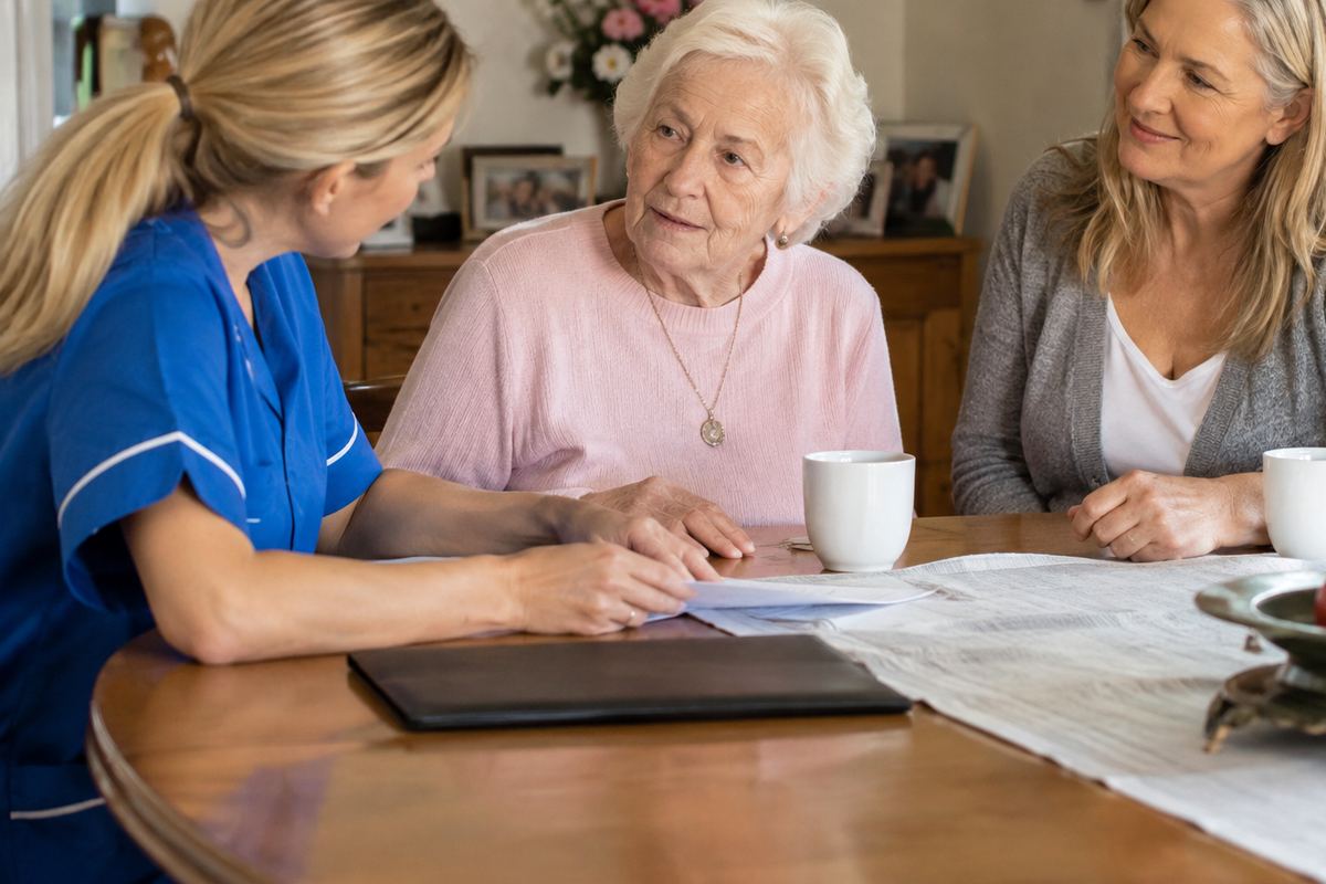 Daughter, caregiver, and older mother reviewing a care plan at a table in Los Angeles County