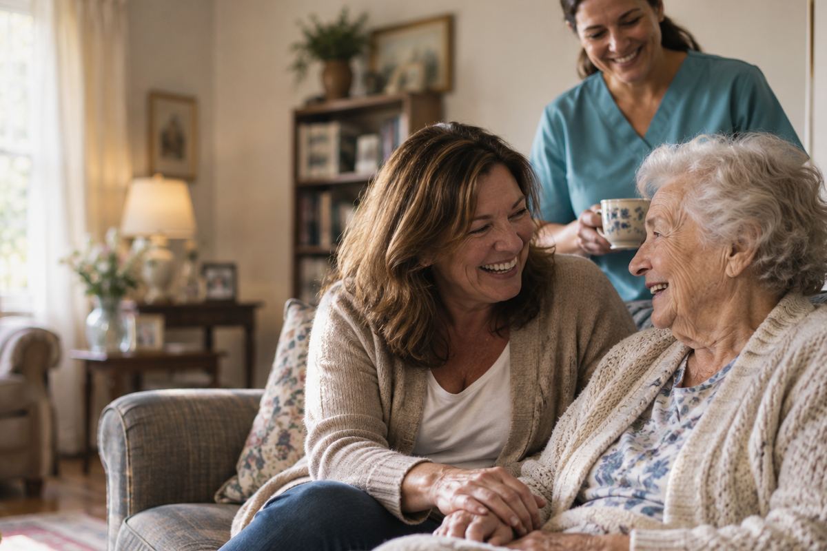 Caregiver with senior and daughter at home receiving in-home care in Boerne, TX