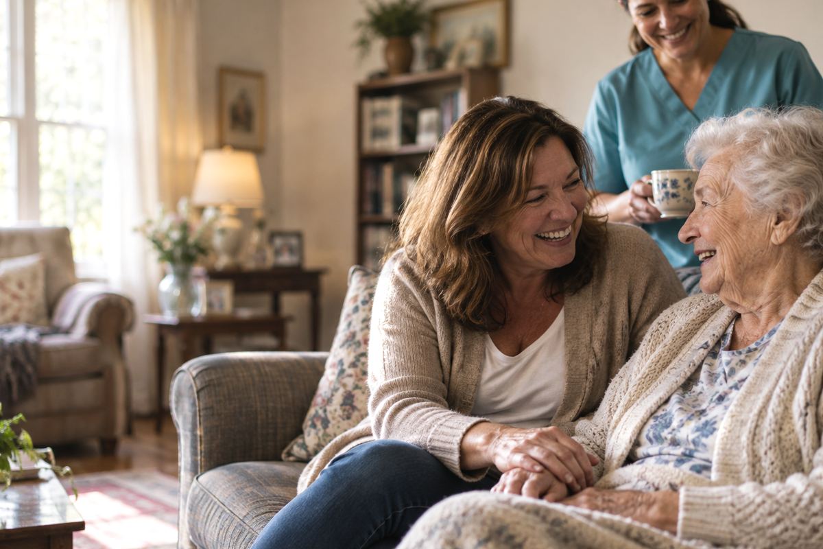Caregiver with senior and daughter at home, representing in-home support in Canyon Lake, TX