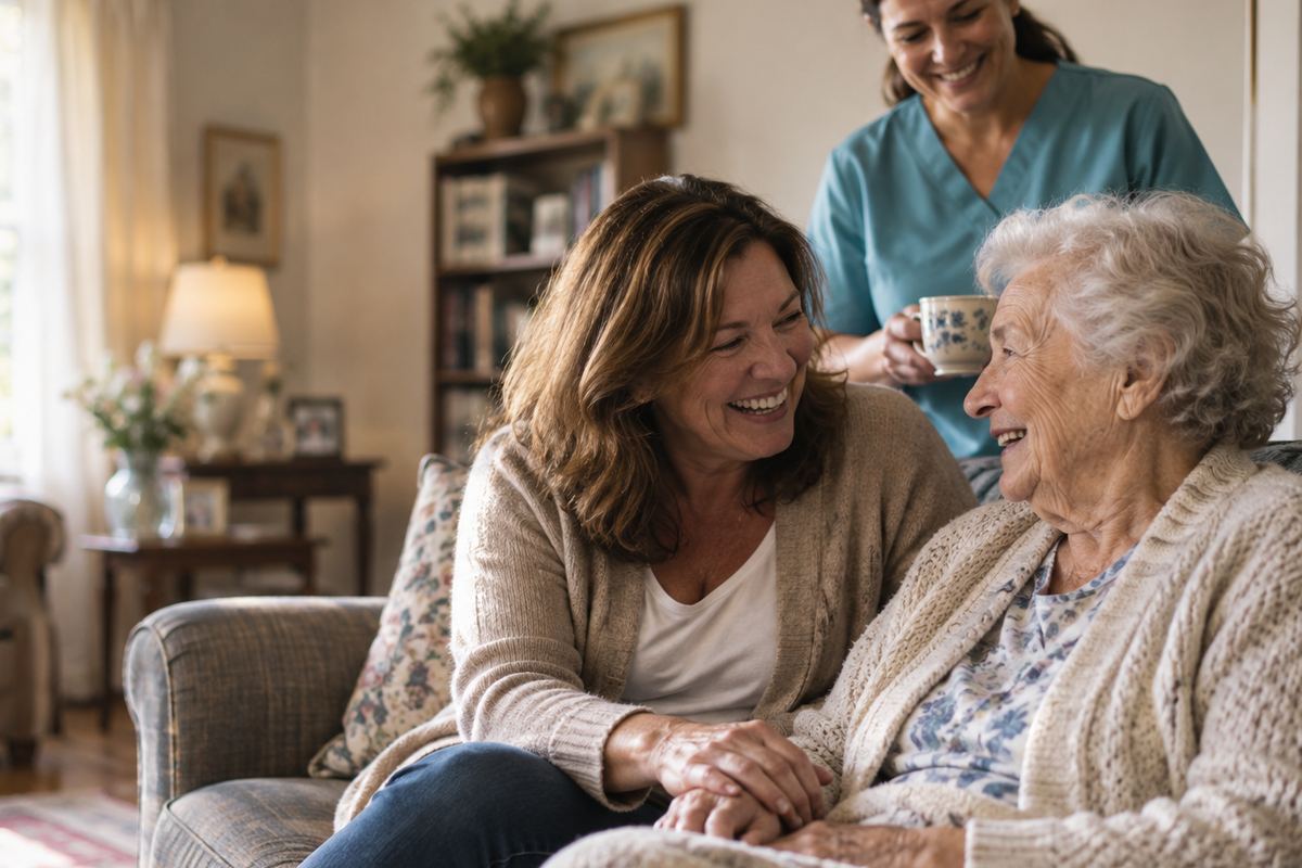 Caregiver, senior parent, and adult daughter sharing a smile during in-home care in Carson, CA