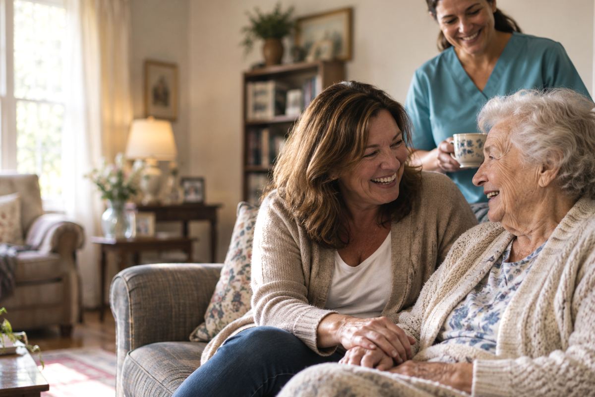 Caregiver with senior father and adult daughter enjoying home care in Chandler, AZ
