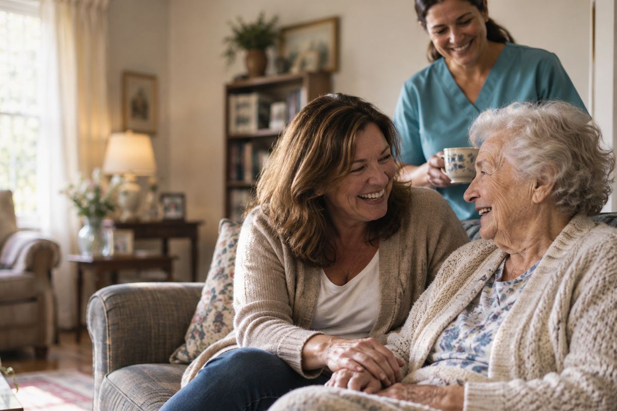 Caregiver with senior father and daughter smiling together during in-home care in Cibolo