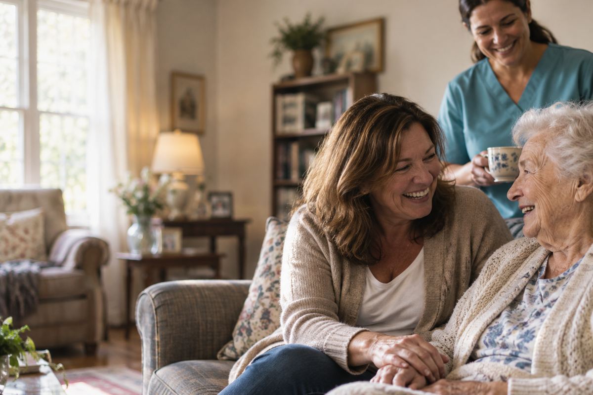Caregiver with senior and her daughter sharing a moment during in-home care in Converse, TX